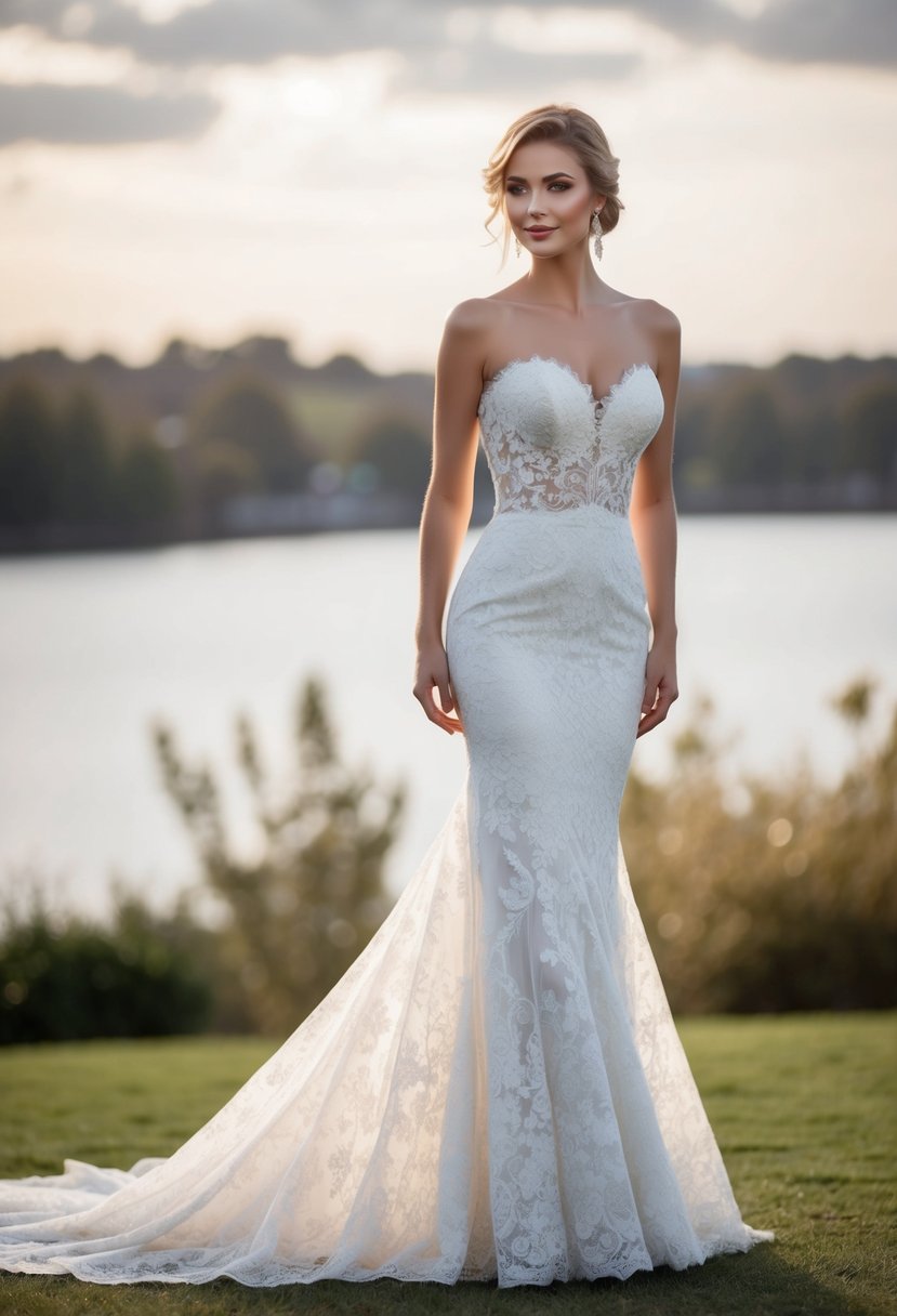 A lace mermaid wedding dress with a sweetheart neckline cascading down the figure in elegant folds