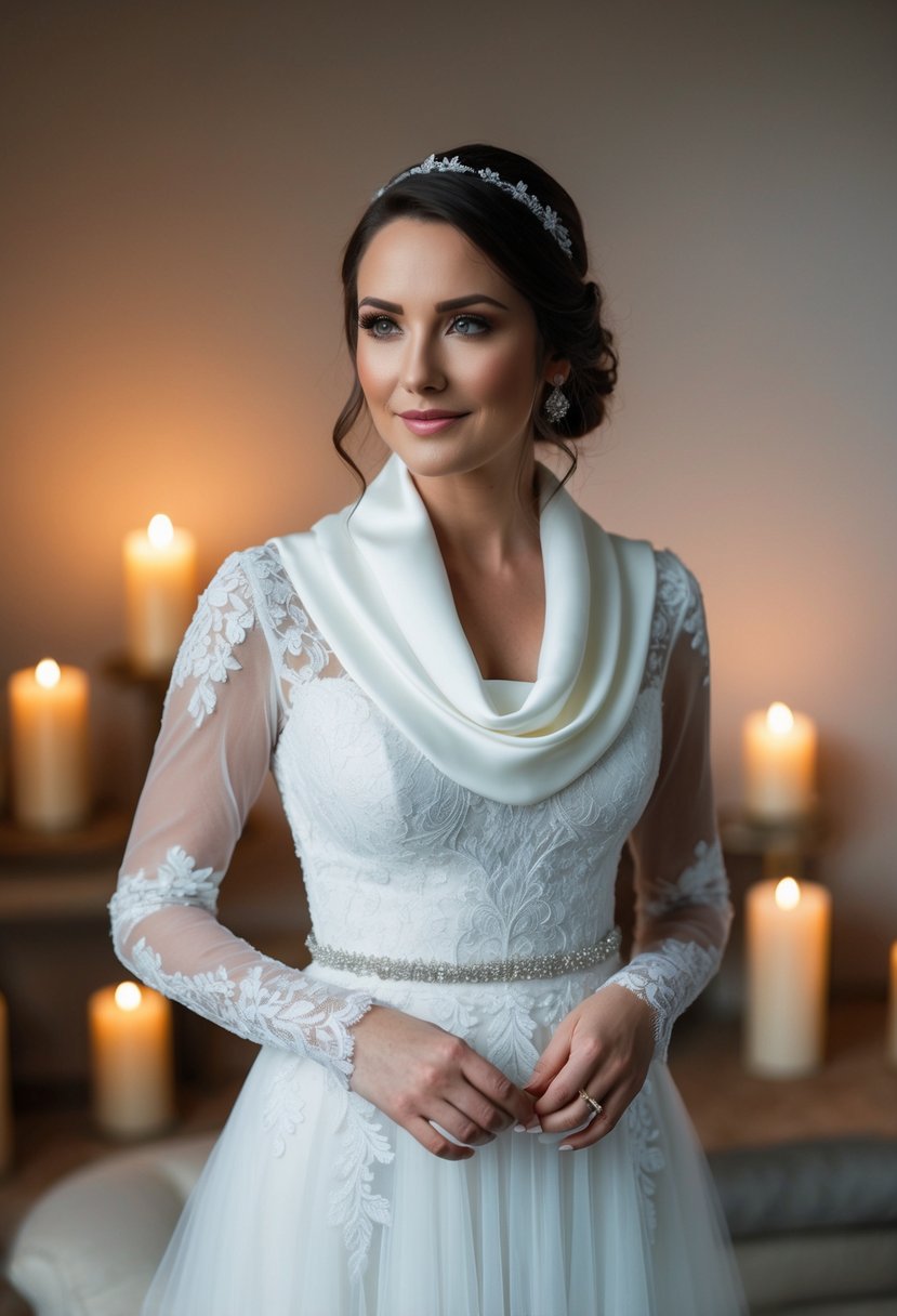 A bride stands in a cowl neckline wedding dress, surrounded by soft candlelight and delicate lace details