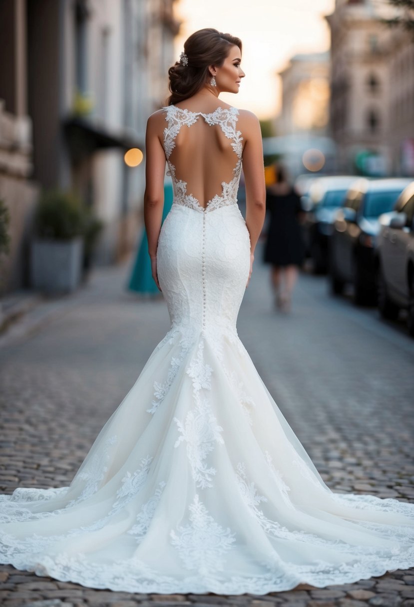 A lace mermaid wedding dress with a backless design flowing down to a dramatic train, adorned with delicate lace details