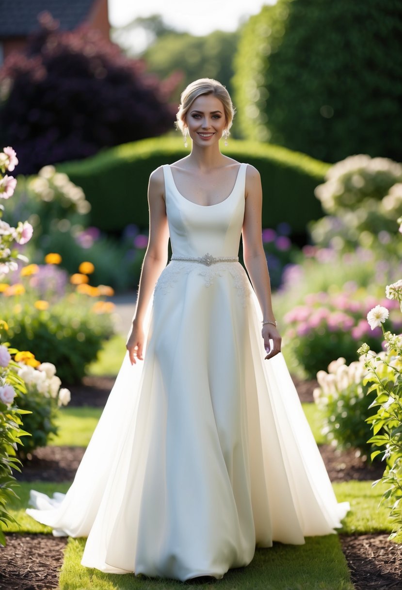 A bride in a scoop neckline wedding dress walks through a garden filled with blooming flowers