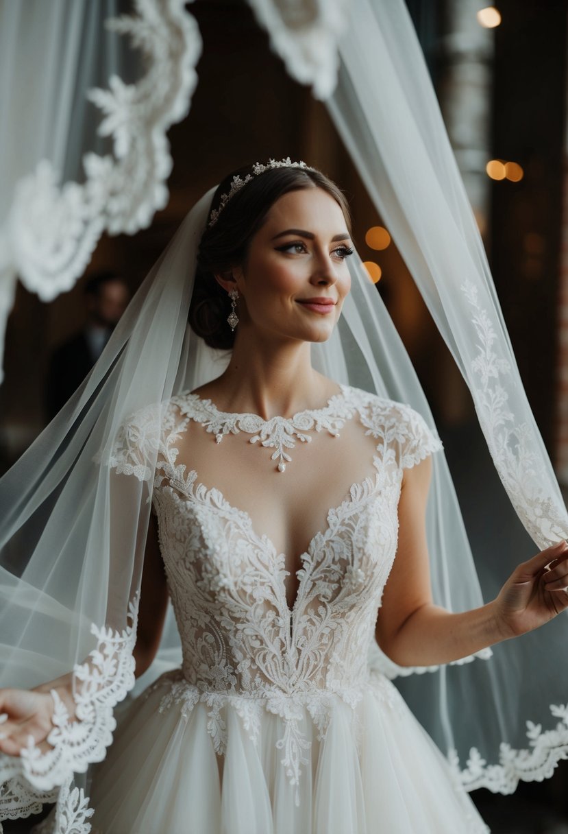 A bride in a flowing wedding gown with a Queen Anne neckline, surrounded by delicate lace and intricate embroidery