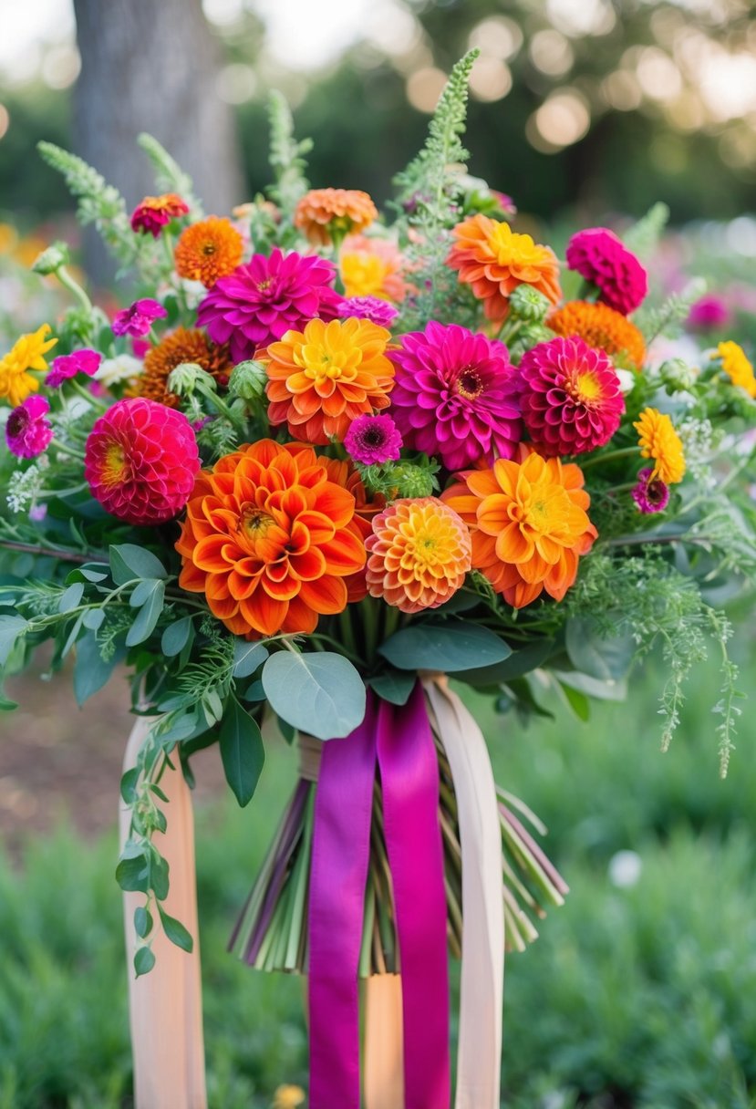 A vibrant bouquet of zinnias, dahlias, and greenery arranged in a rustic, hand-tied style with trailing ribbons