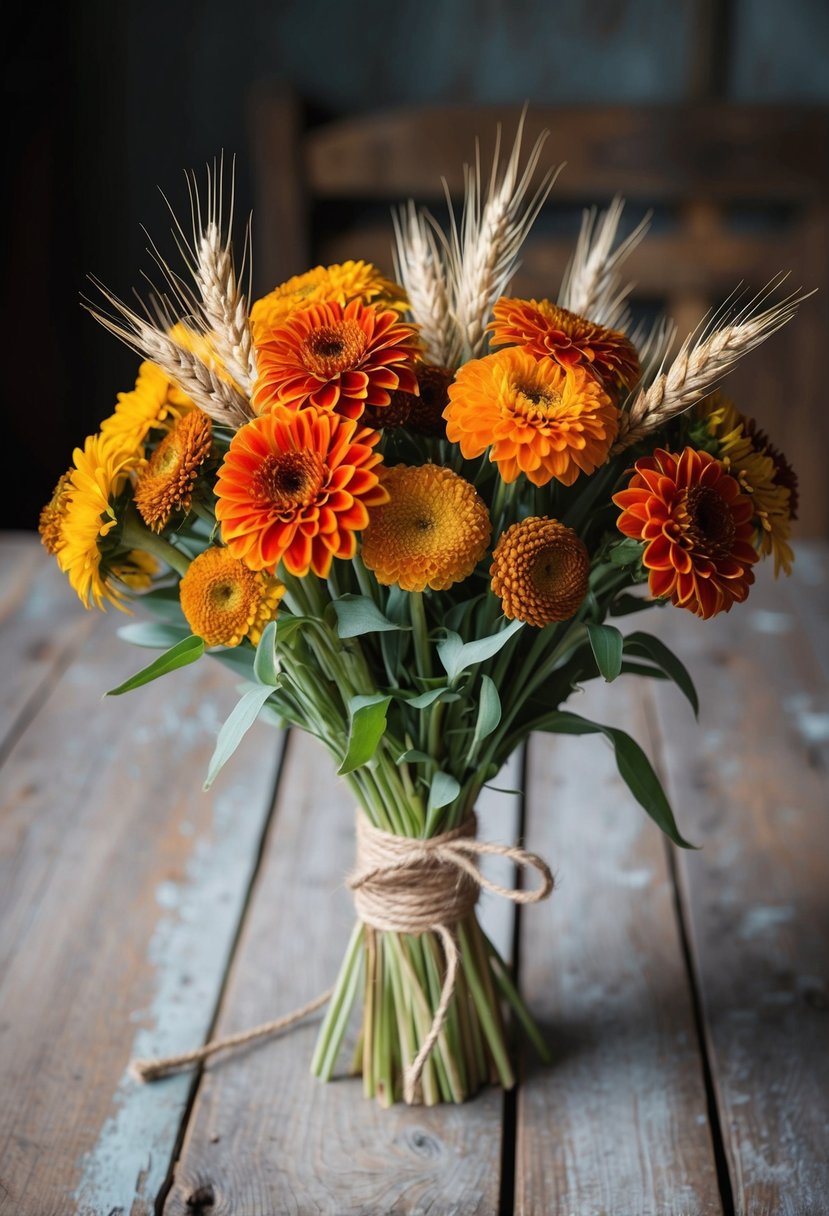 A rustic bouquet of zinnias and wheat, tied with twine, sits on a weathered wooden table