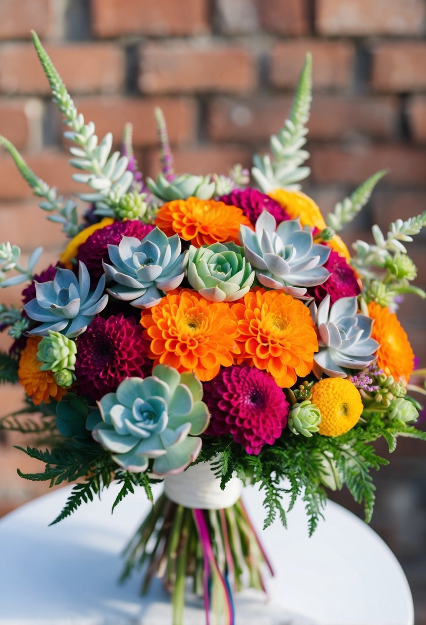 A modern wedding bouquet featuring vibrant zinnias and delicate succulents arranged in a stylish mix of colors and textures