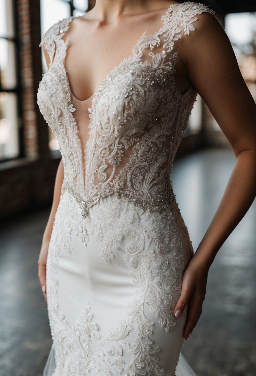 A lace mermaid wedding dress with intricate beaded accents cascading down the form-fitting silhouette