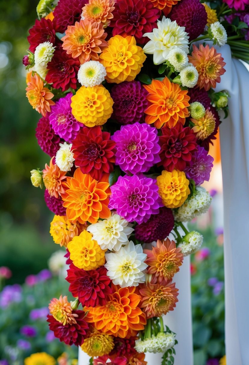 A cascading bouquet of vibrant zinnias and dahlias in various sizes and colors, creating a stunning and colorful wedding bouquet