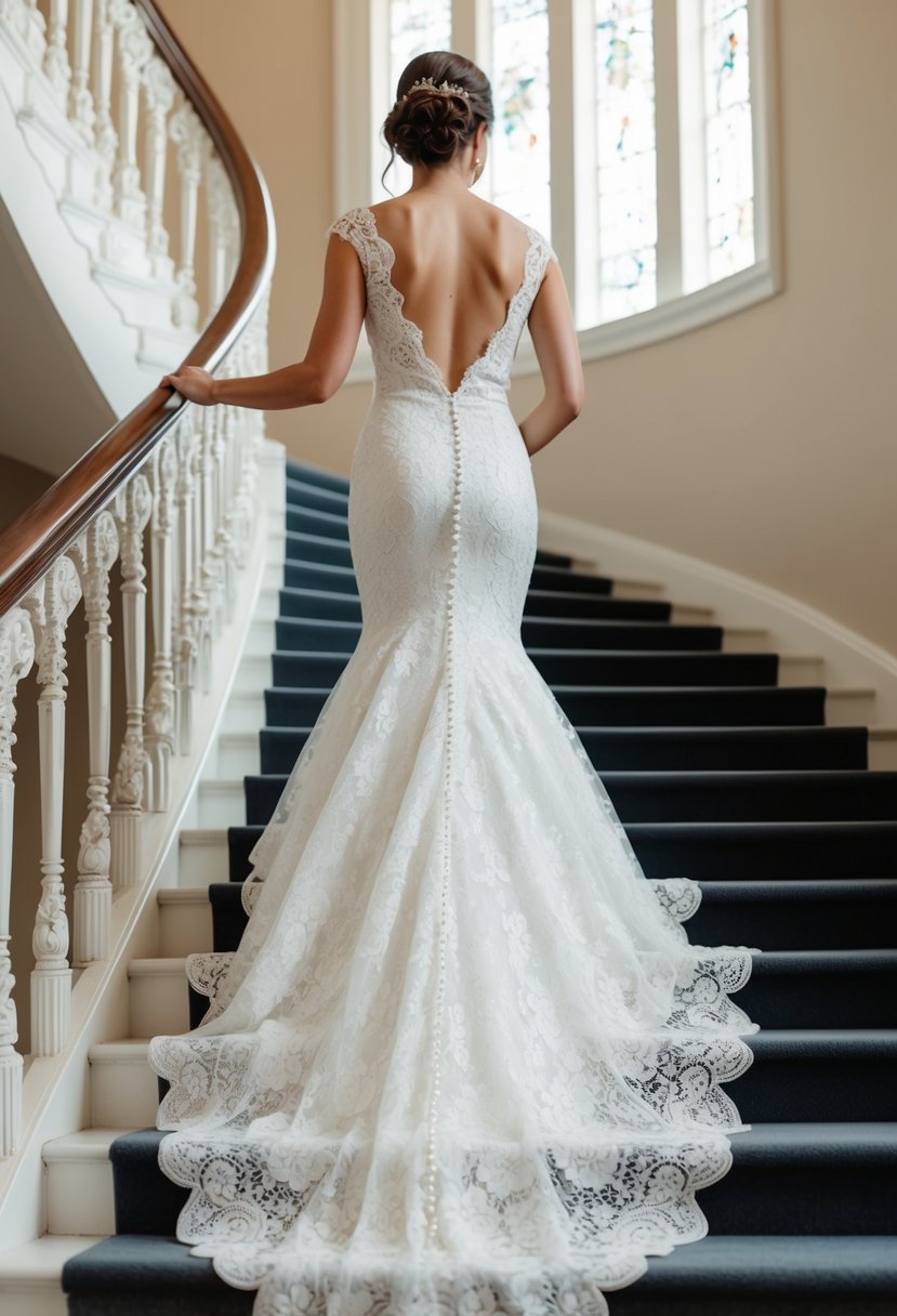 A lace mermaid wedding dress with scalloped trim cascades down a grand staircase