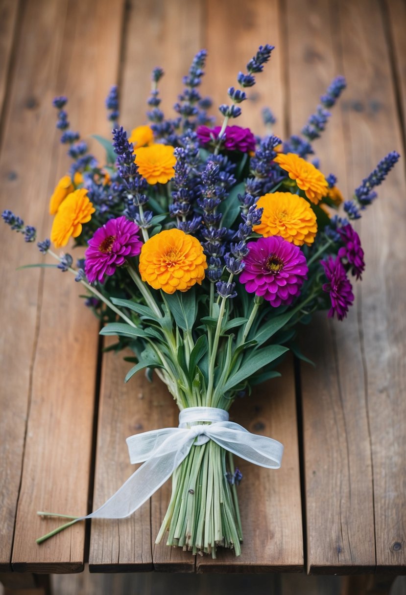 A rustic wooden table adorned with a simple bouquet of handpicked zinnias and lavender, tied together with a delicate ribbon