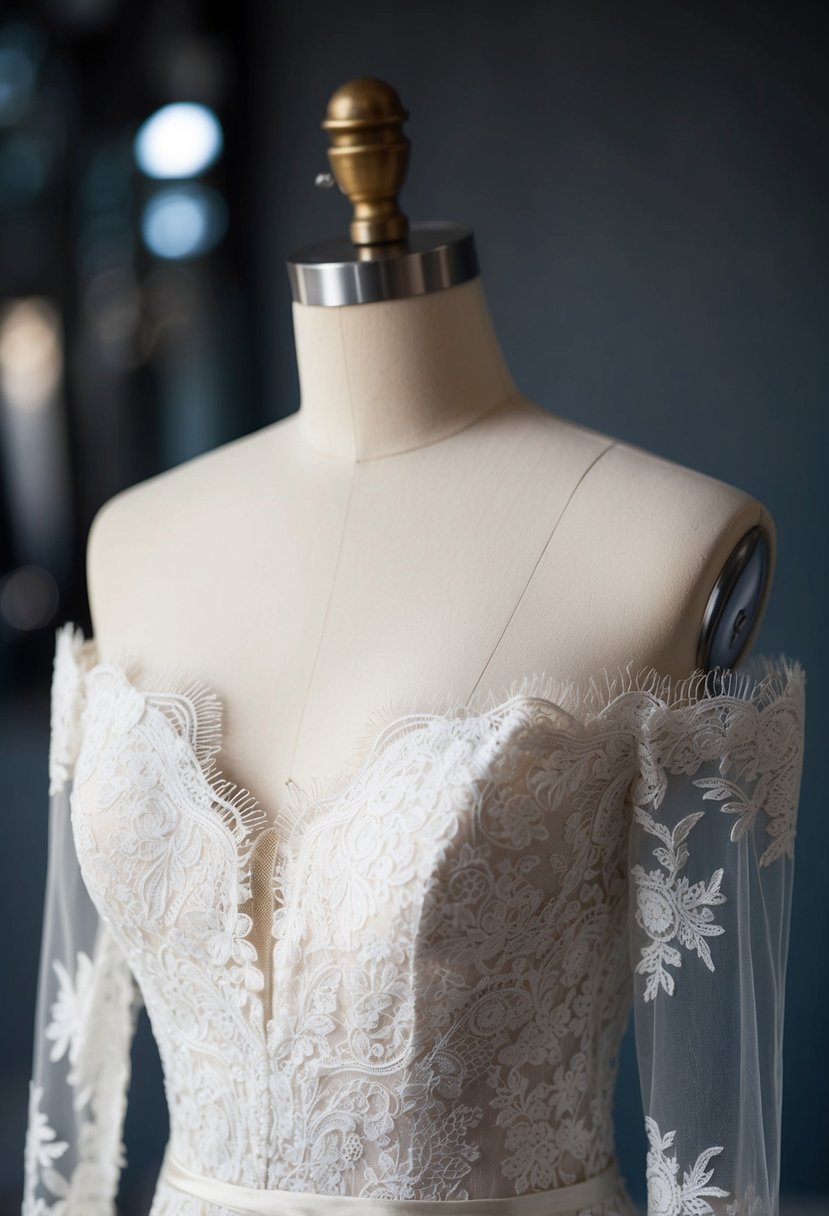 A lace off-the-shoulder sleeves mermaid wedding dress on a mannequin