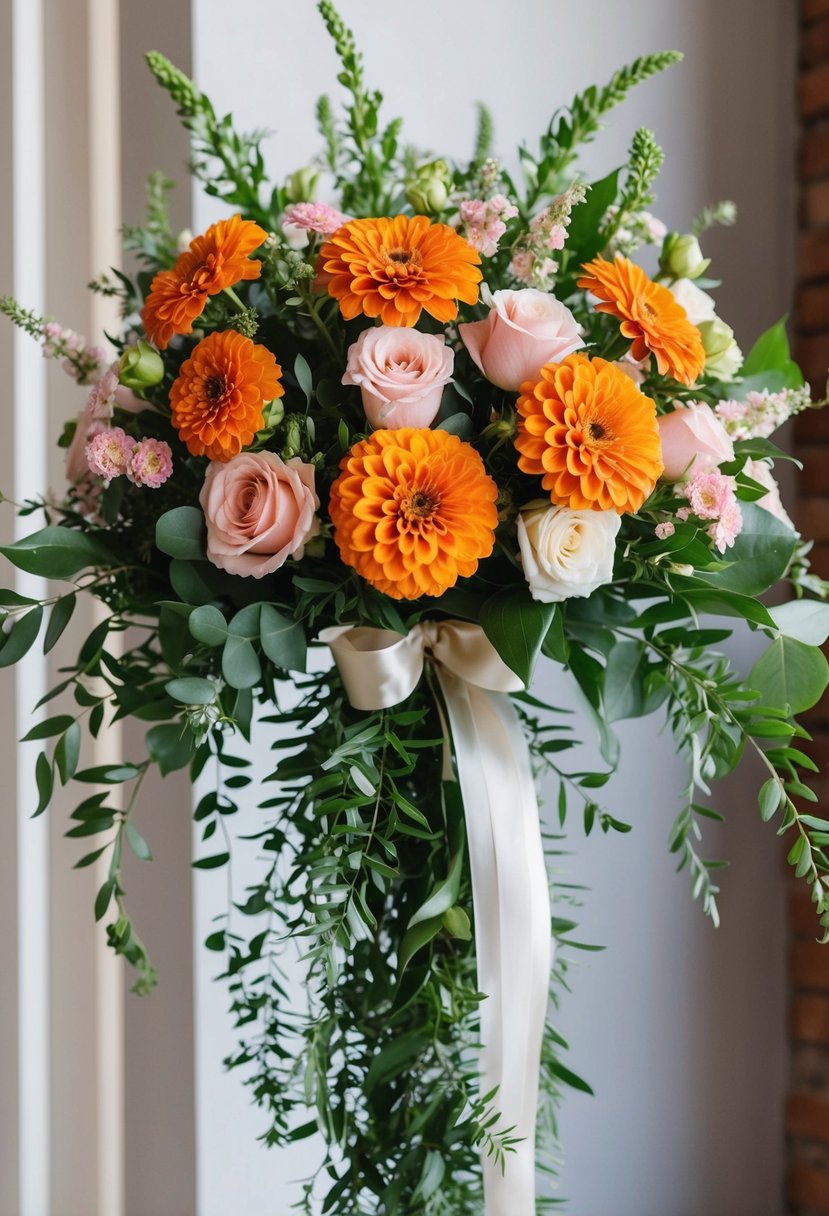 A delicate bouquet of Zinnia and Rose Elegance blooms, arranged in a cascading design with lush greenery and delicate ribbon accents