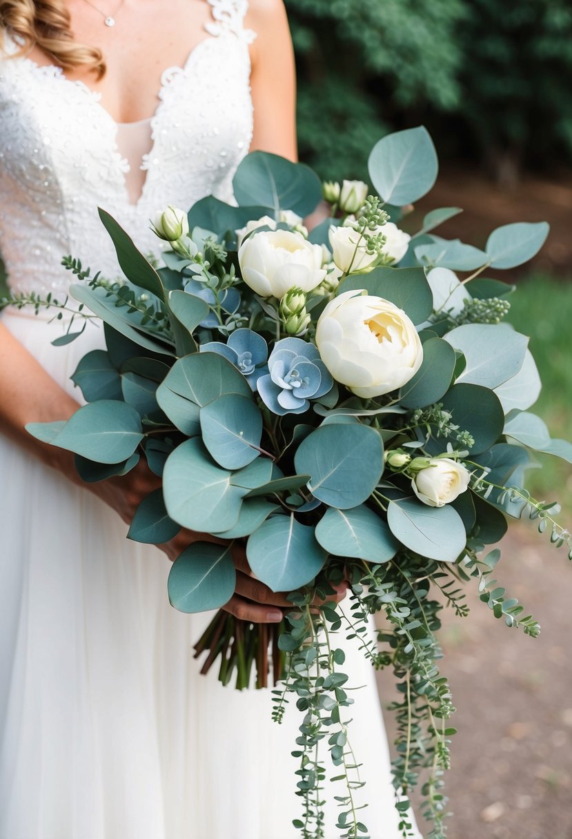 A lush eucalyptus wedding bouquet with silver dollar and baby blue varieties, accented with creamy white flowers and trailing greenery