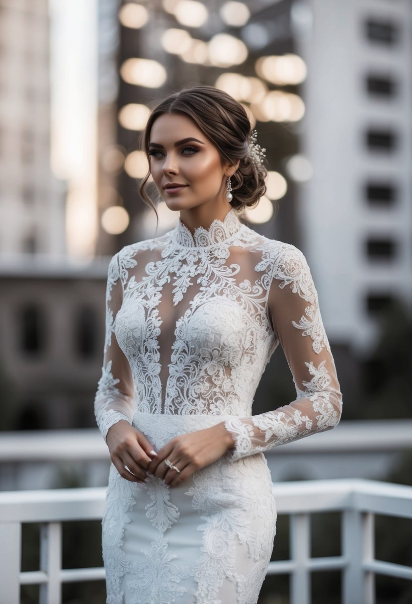 A lace mermaid wedding dress with intricate high-neck details cascading down the fitted silhouette