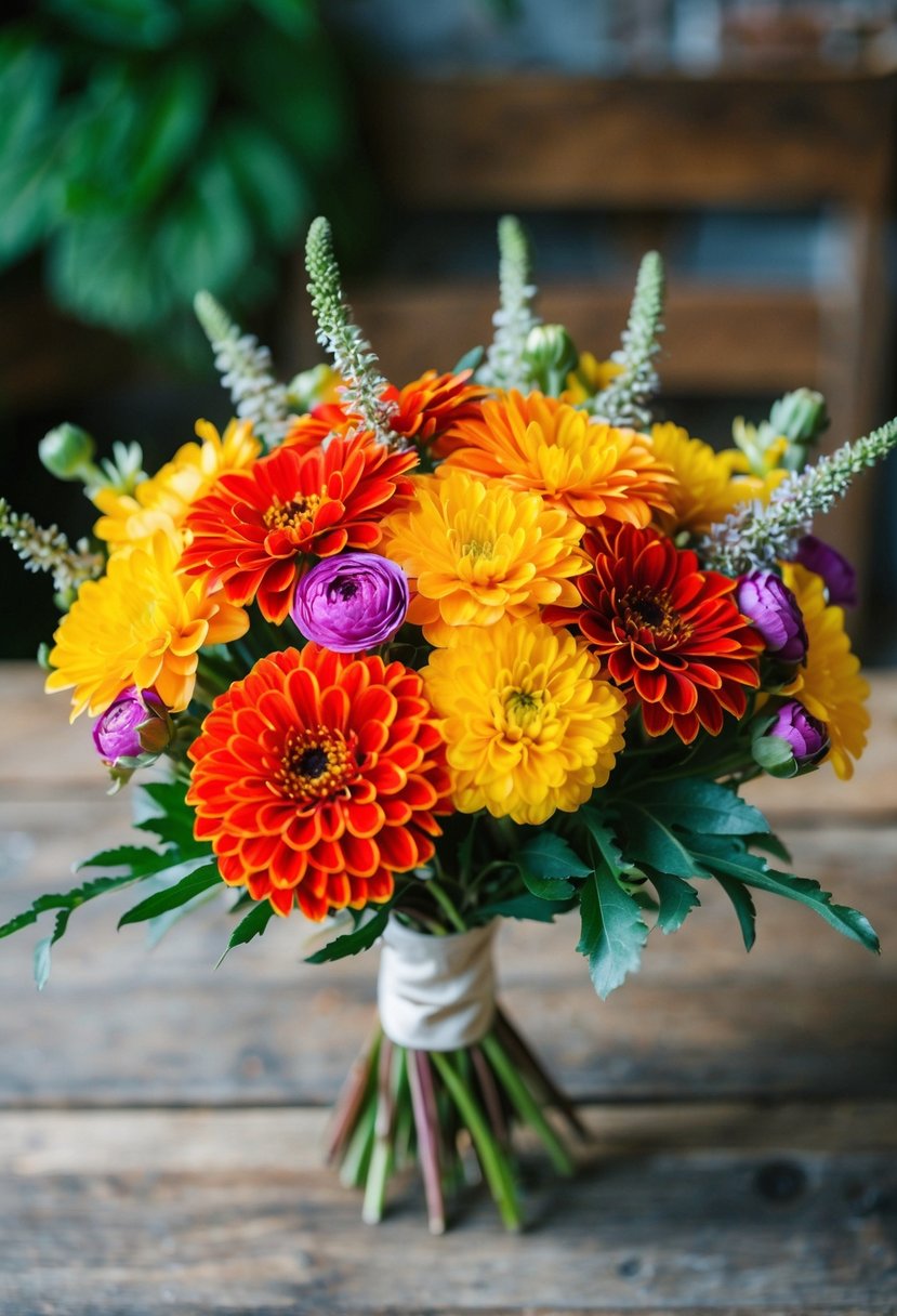 A vibrant zinnia bouquet with delicate silk boutonnieres arranged on a rustic wooden table