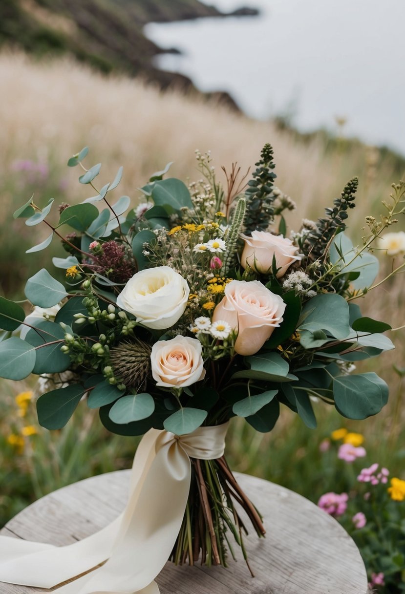 A lush bohemian bouquet featuring eucalyptus, roses, and wildflowers, tied with a flowing ribbon