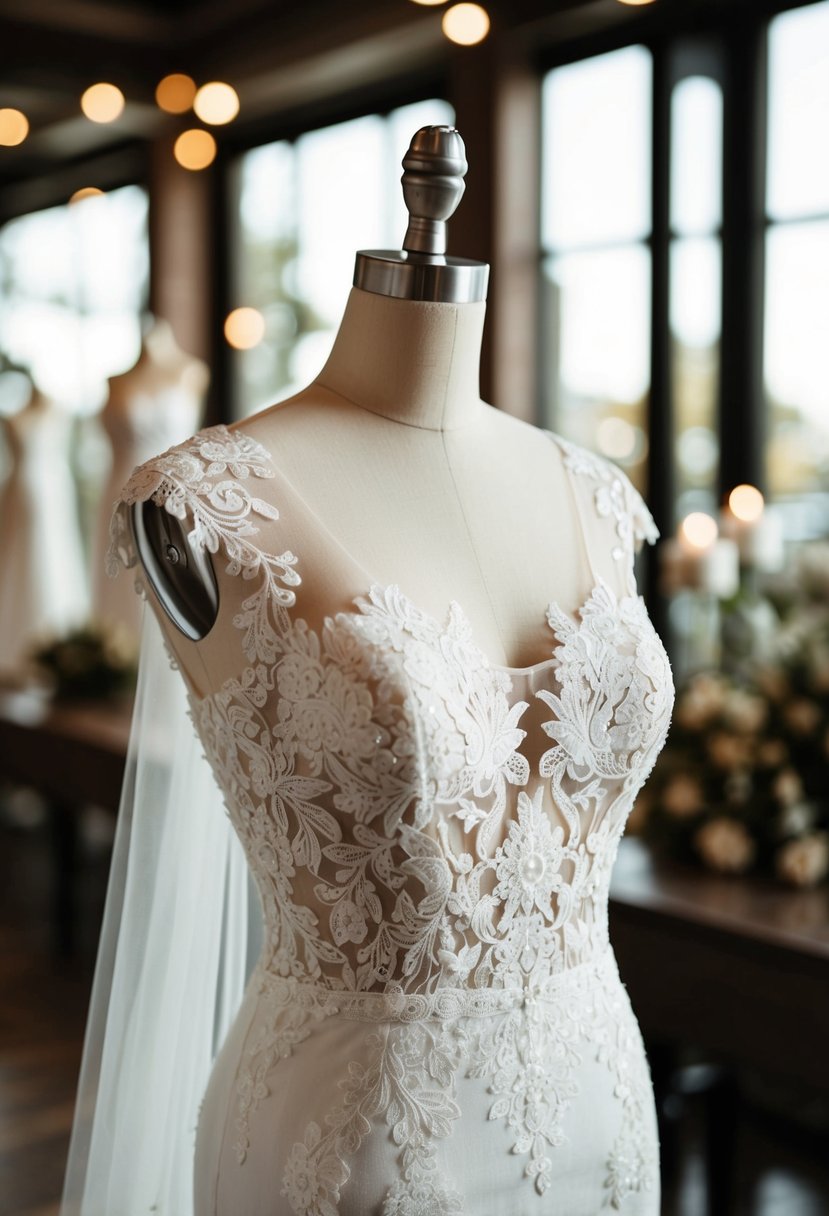 A lace illusion bodice mermaid wedding dress on a mannequin