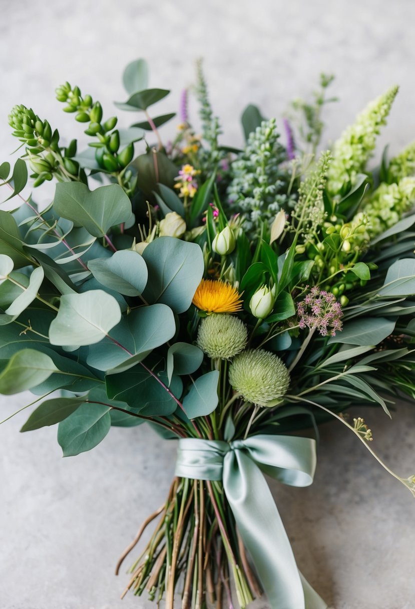 A lush eucalyptus and wildflower bouquet, with varying shades of green and pops of color, tied with a flowing ribbon