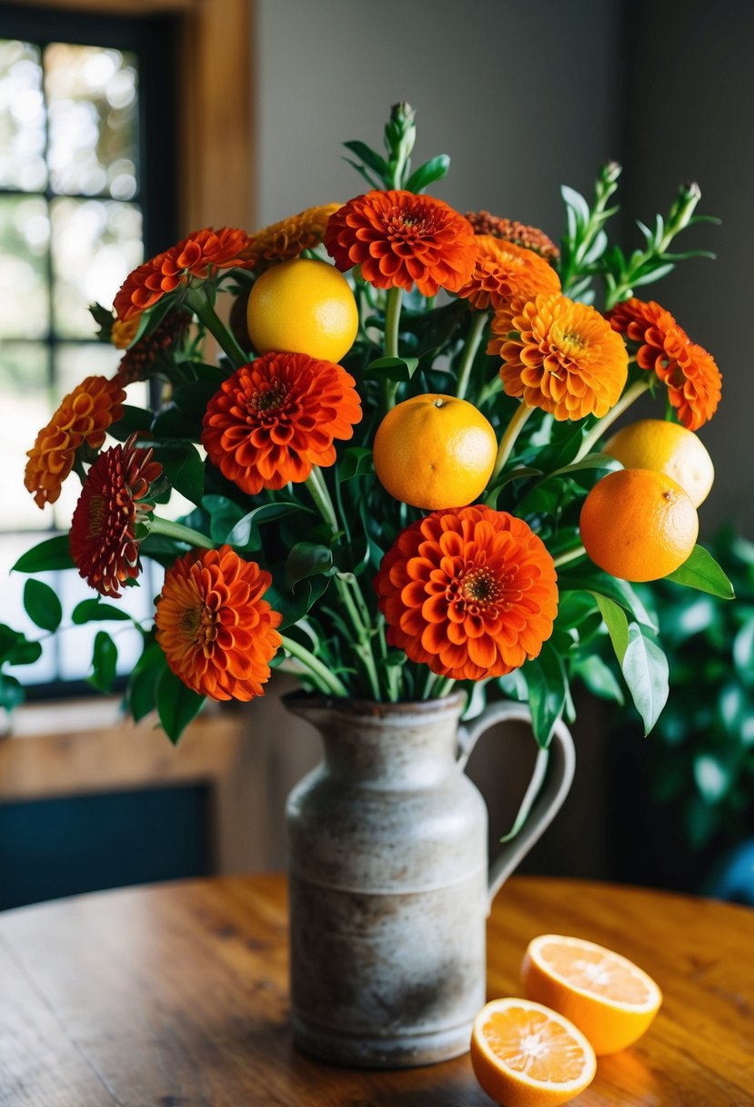 A vibrant bouquet of zinnias and citrus fruits arranged in a rustic vase on a wooden table