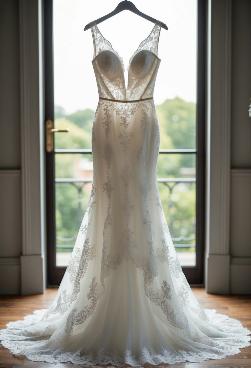 A flowing mermaid wedding dress made of delicate Chantilly Lace, cascading down in elegant layers