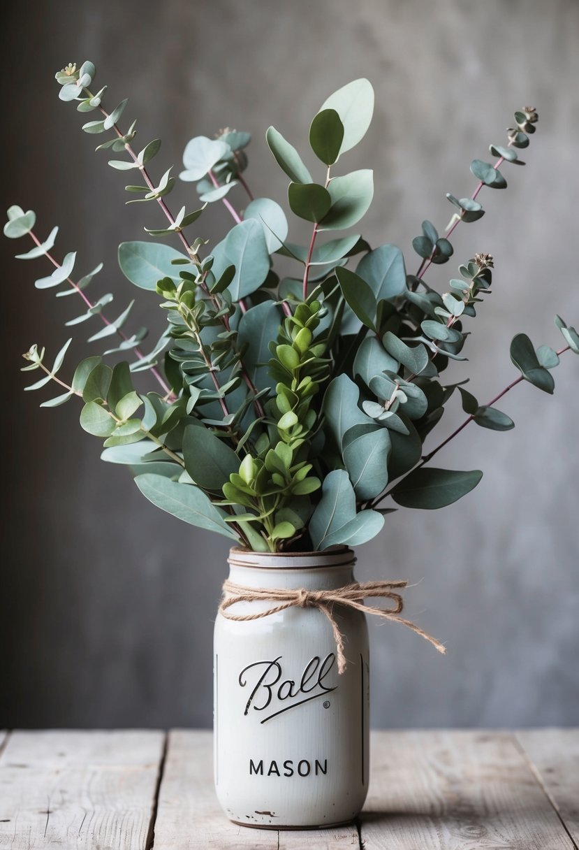 A rustic eucalyptus arrangement with various types of eucalyptus leaves and branches, tied together with a twine ribbon, sitting in a vintage mason jar vase