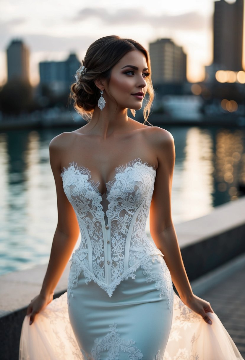 A lace corset design adorns the bodice of a flowing mermaid wedding dress