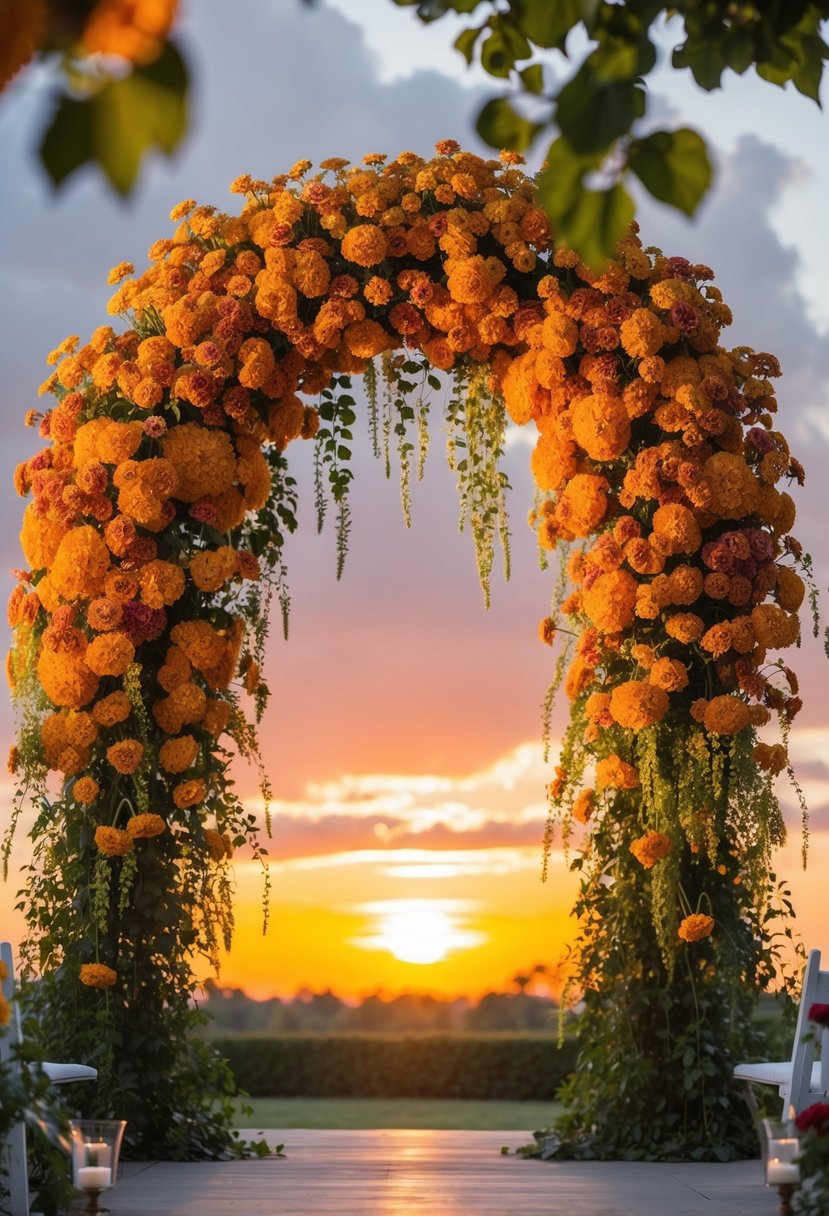 A vibrant zinnia archway frames a sunset, with cascading blooms creating a romantic wedding bouquet inspiration