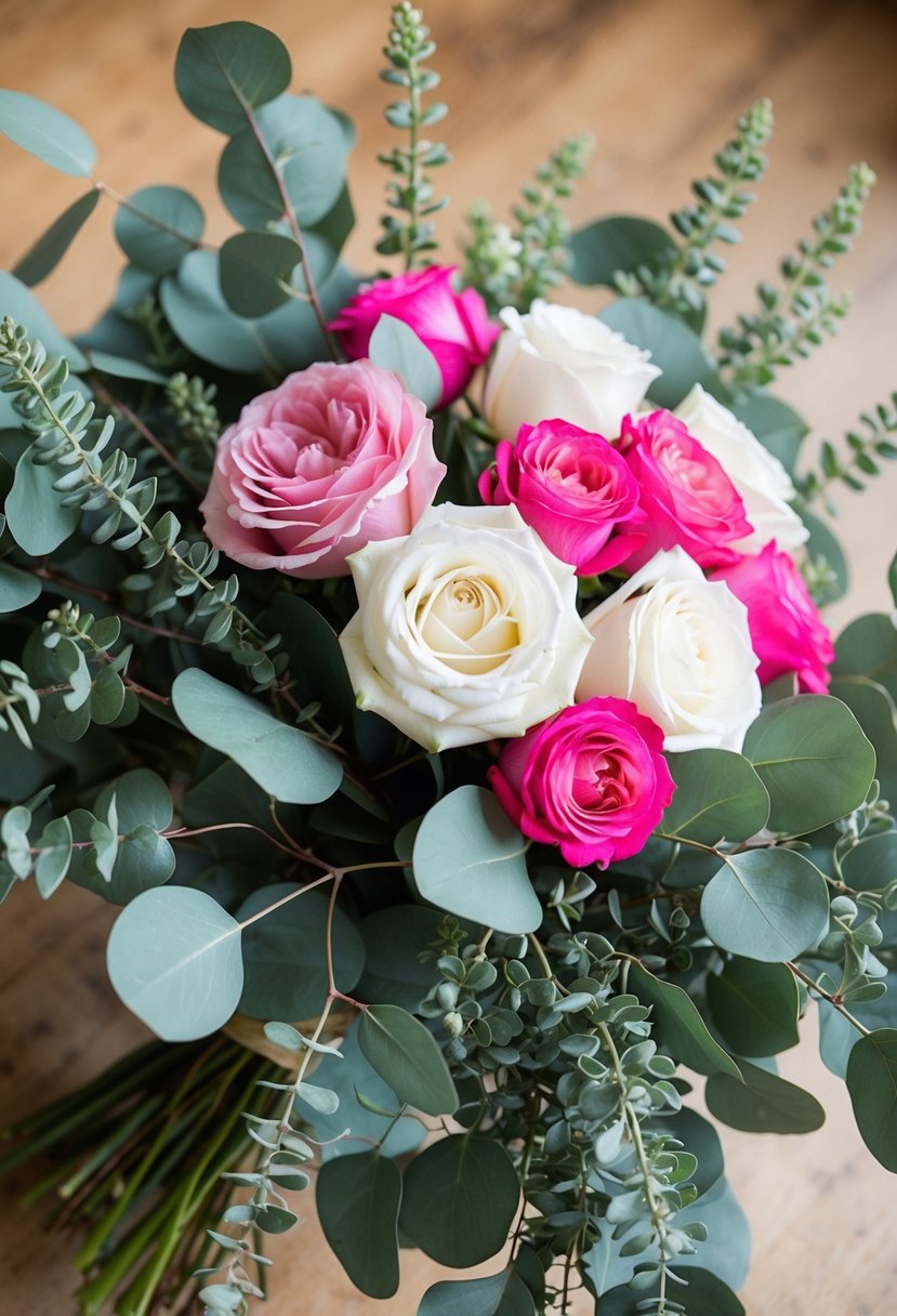 A lush eucalyptus and rose bouquet, with delicate greenery cascading around a central cluster of vibrant pink and white roses