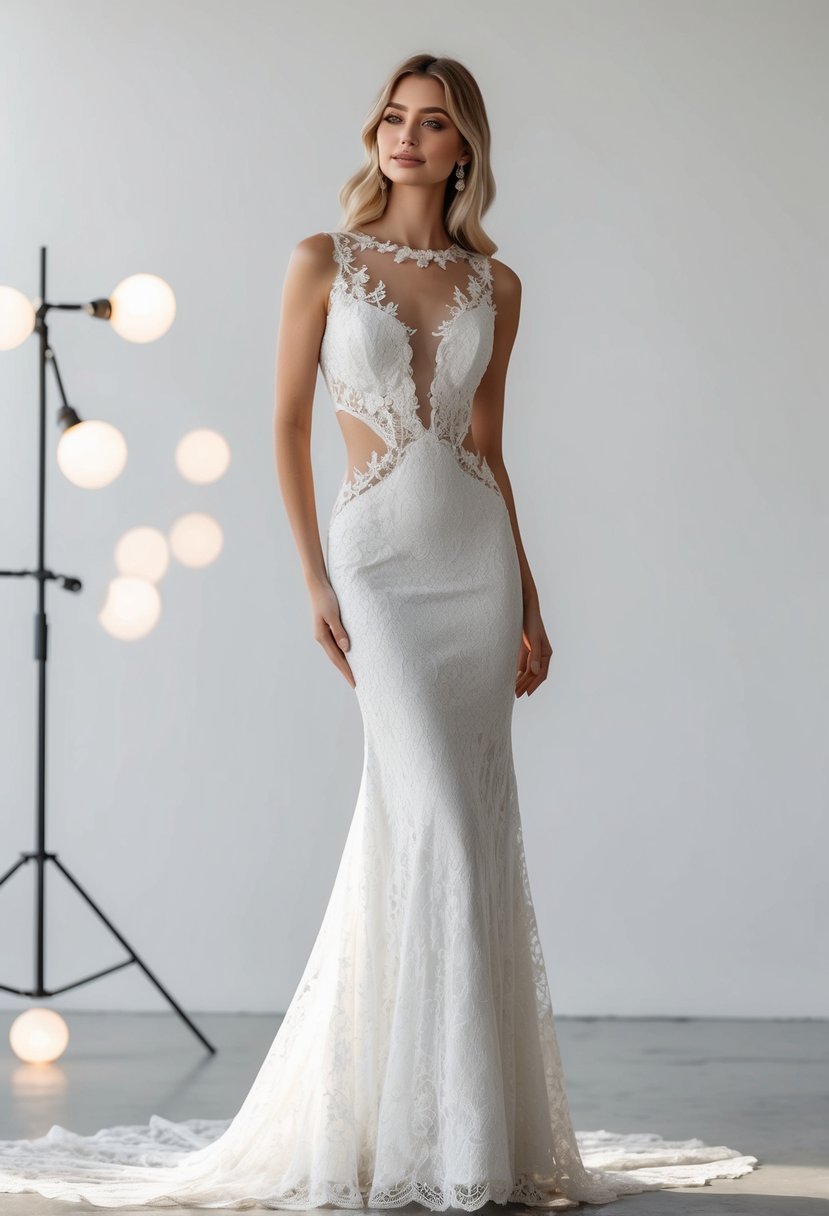 A lace mermaid wedding dress with modern cutouts, set against a minimalist backdrop with soft lighting