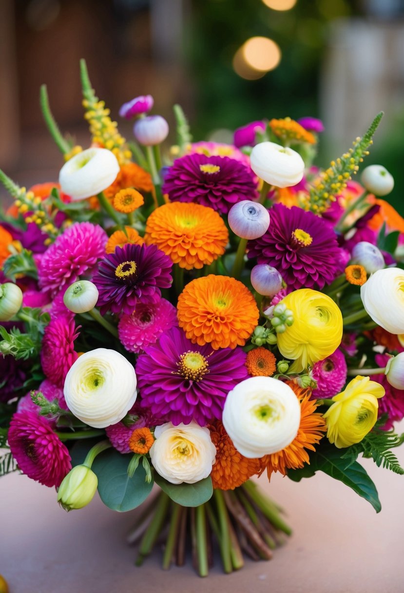 A vibrant bouquet of zinnias and ranunculus, arranged in a fusion of colors and textures, creating a stunning wedding centerpiece