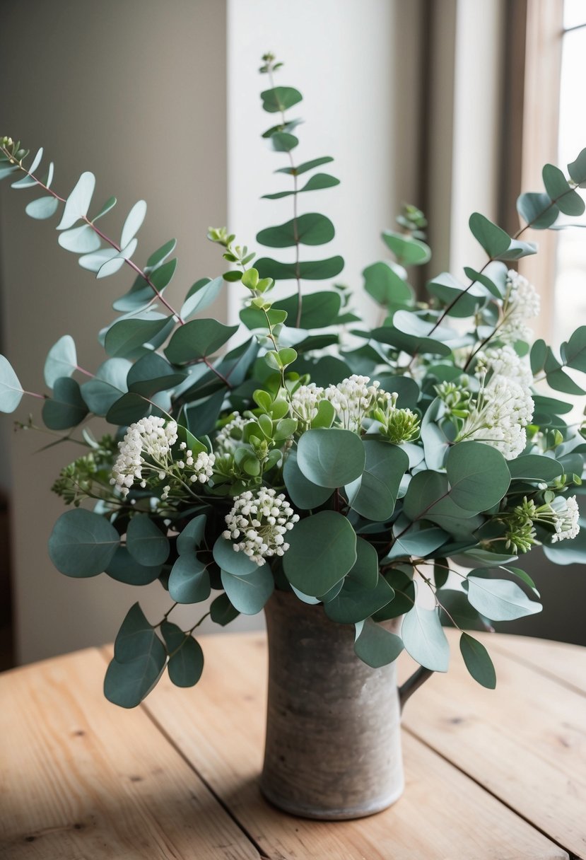 A lush bouquet of silver dollar eucalyptus with delicate white flowers, arranged in a rustic vase on a wooden table