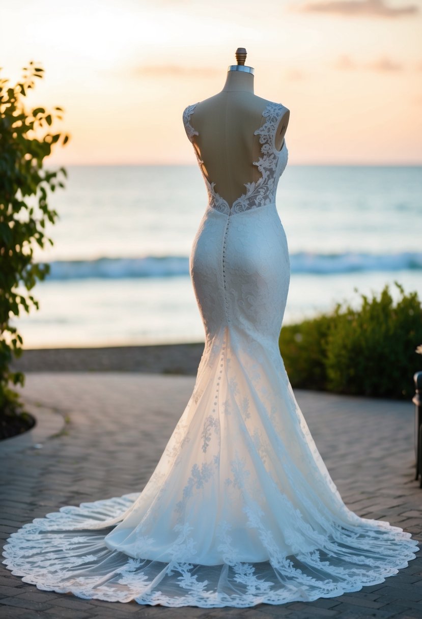 A lace mermaid wedding dress with delicate eyelash lace hem cascading down the train, set against a backdrop of a serene garden or beach sunset