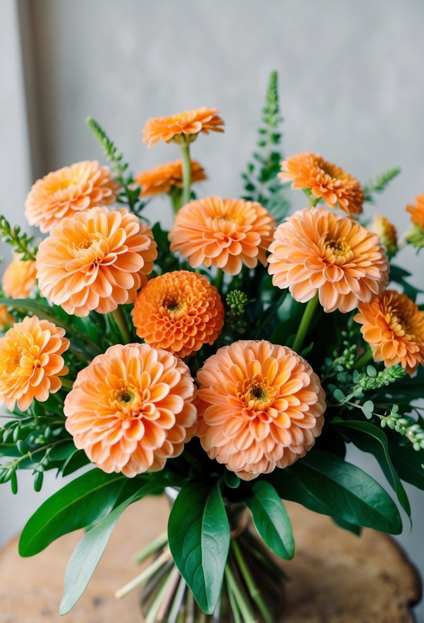 A vibrant bouquet of peachy zinnias and greenery arranged in a delicate, flowing style