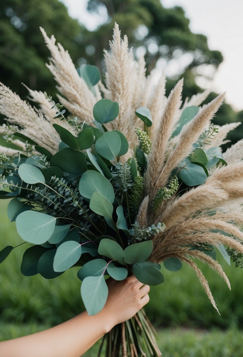 A lush bouquet of seeded eucalyptus and pampas grass