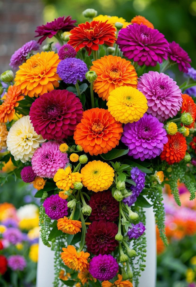 A vibrant array of zinnias in various colors and sizes arranged in a lush, cascading wedding bouquet