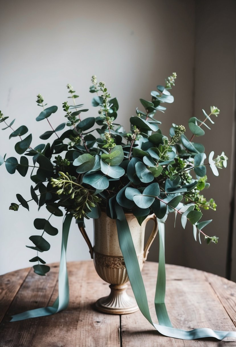 A lush eucalyptus bouquet with trailing ribbons, nestled in a vintage vase on a rustic wooden table