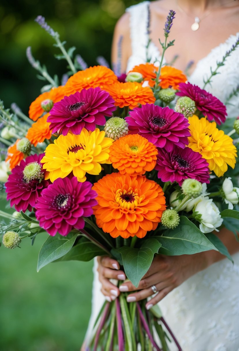 A vibrant arrangement of bold zinnias and yarrow in a wedding bouquet