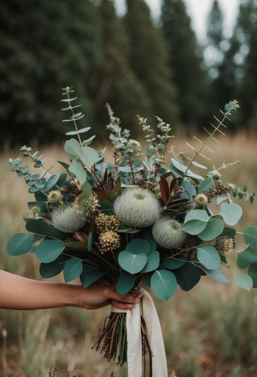 A rustic eucalyptus bouquet with moody wildflowers