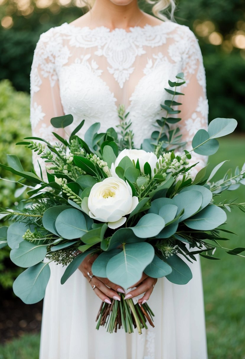 A lush wedding bouquet of fresh white eucalyptus and other greenery