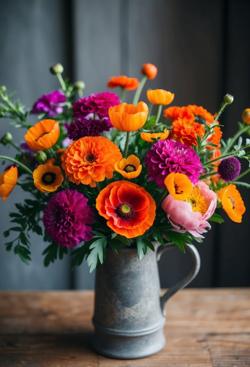 A vibrant bouquet of zinnias, poppies, and peonies arranged in a rustic vase