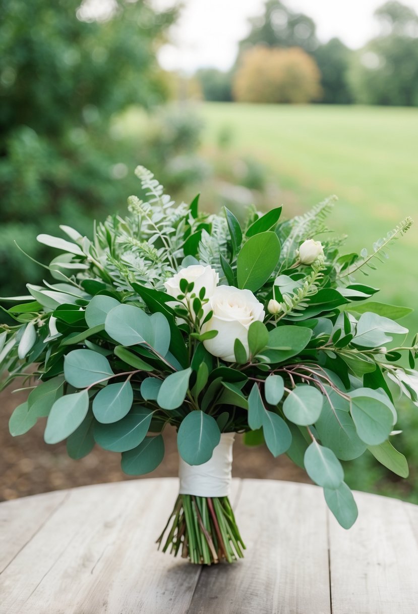 A lush wedding bouquet featuring mixed greenery and fragrant eucalyptus leaves