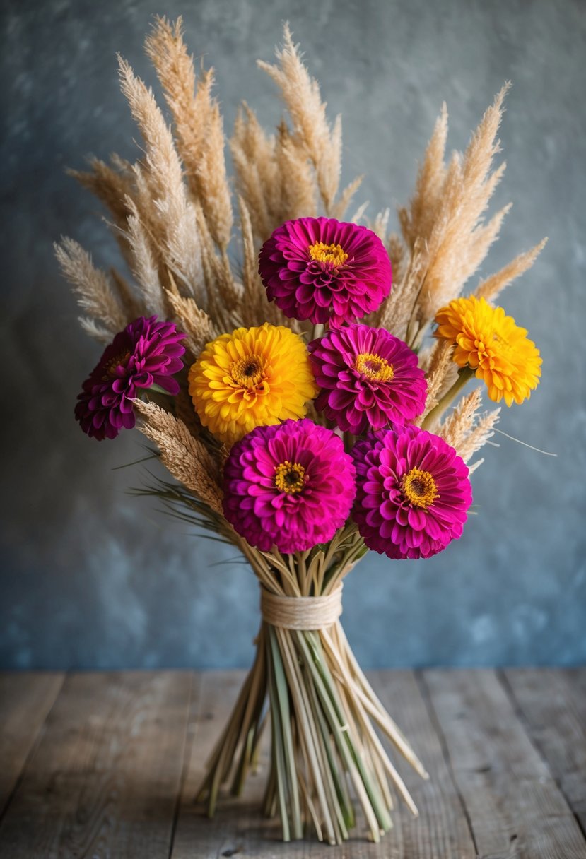 A vibrant zinnia bouquet with dried pampas grass, set against a rustic backdrop