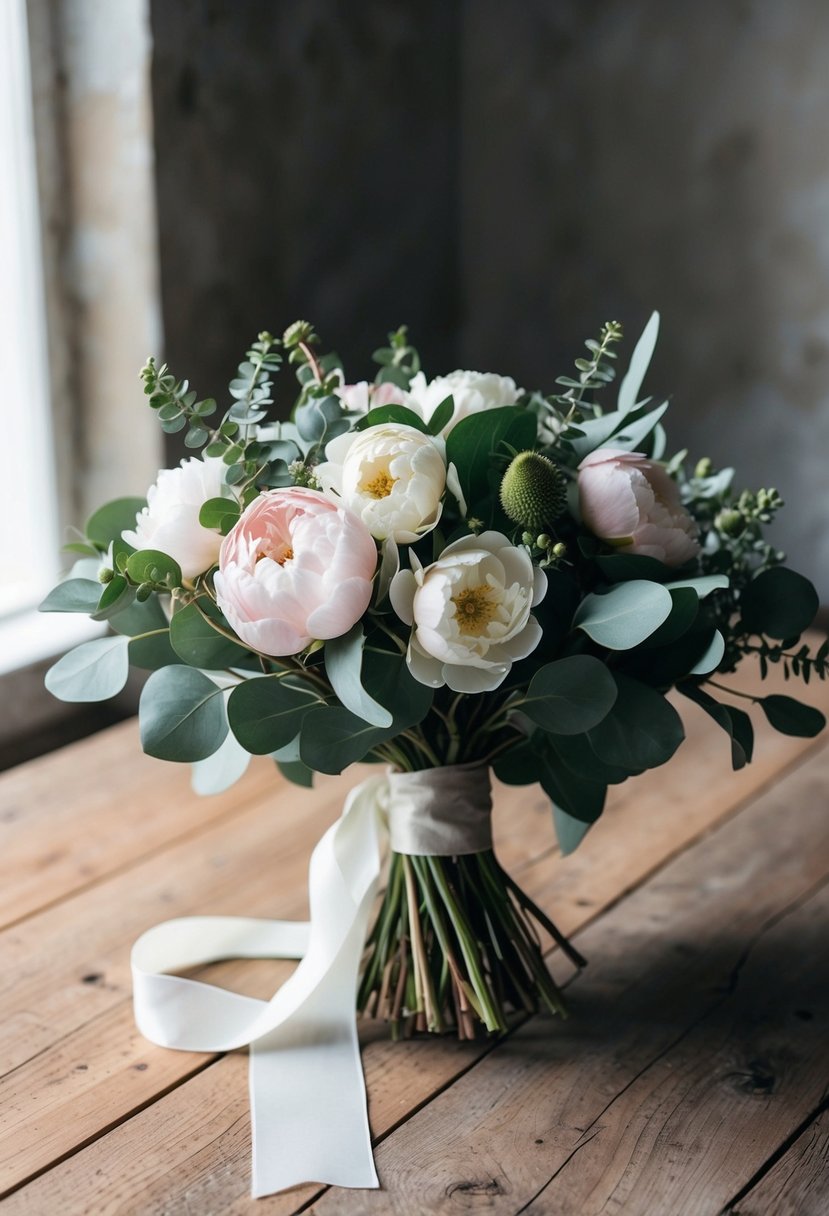 A lush bouquet of eucalyptus and peonies, tied with a delicate ribbon, sits on a rustic wooden table