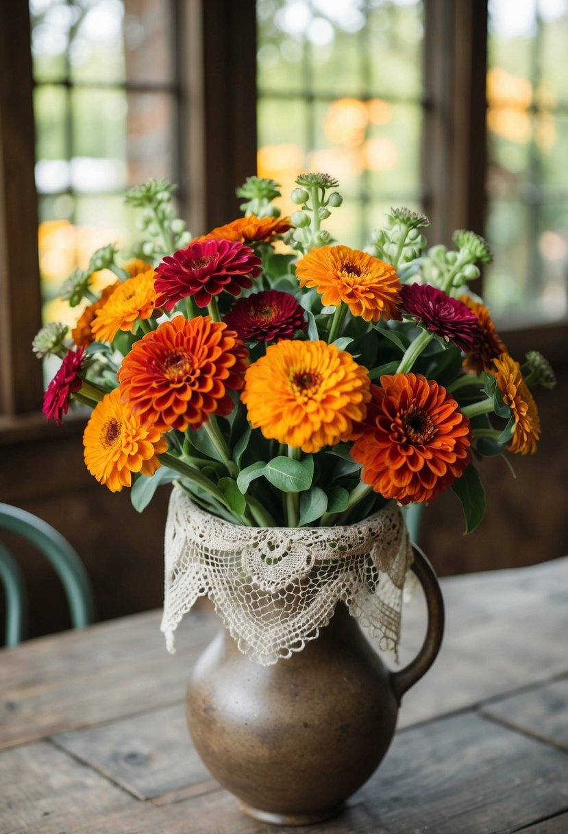 A vintage-style bouquet of zinnias and lace, arranged in a rustic vase on a wooden table