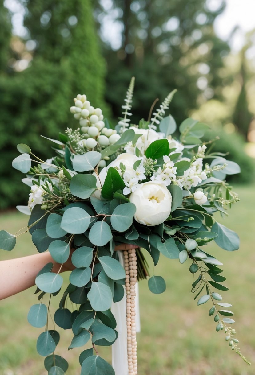 A lush eucalyptus and bead mix wedding bouquet, with cascading greenery and delicate white blooms