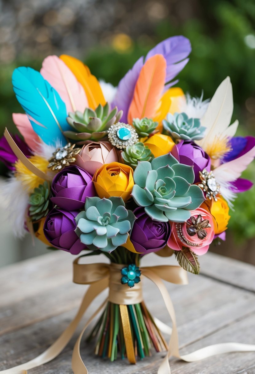 A bouquet made of colorful paper flowers, succulents, and feathers, tied together with ribbons and vintage brooches