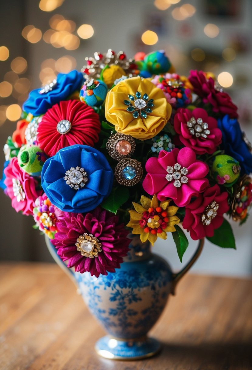 A colorful bouquet of brooches and fabric flowers arranged in a vintage vase