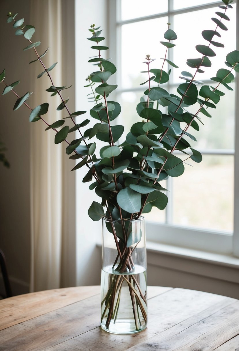 A long-stemmed eucalyptus bouquet sits in a glass vase on a rustic wooden table, with soft natural light filtering through a nearby window