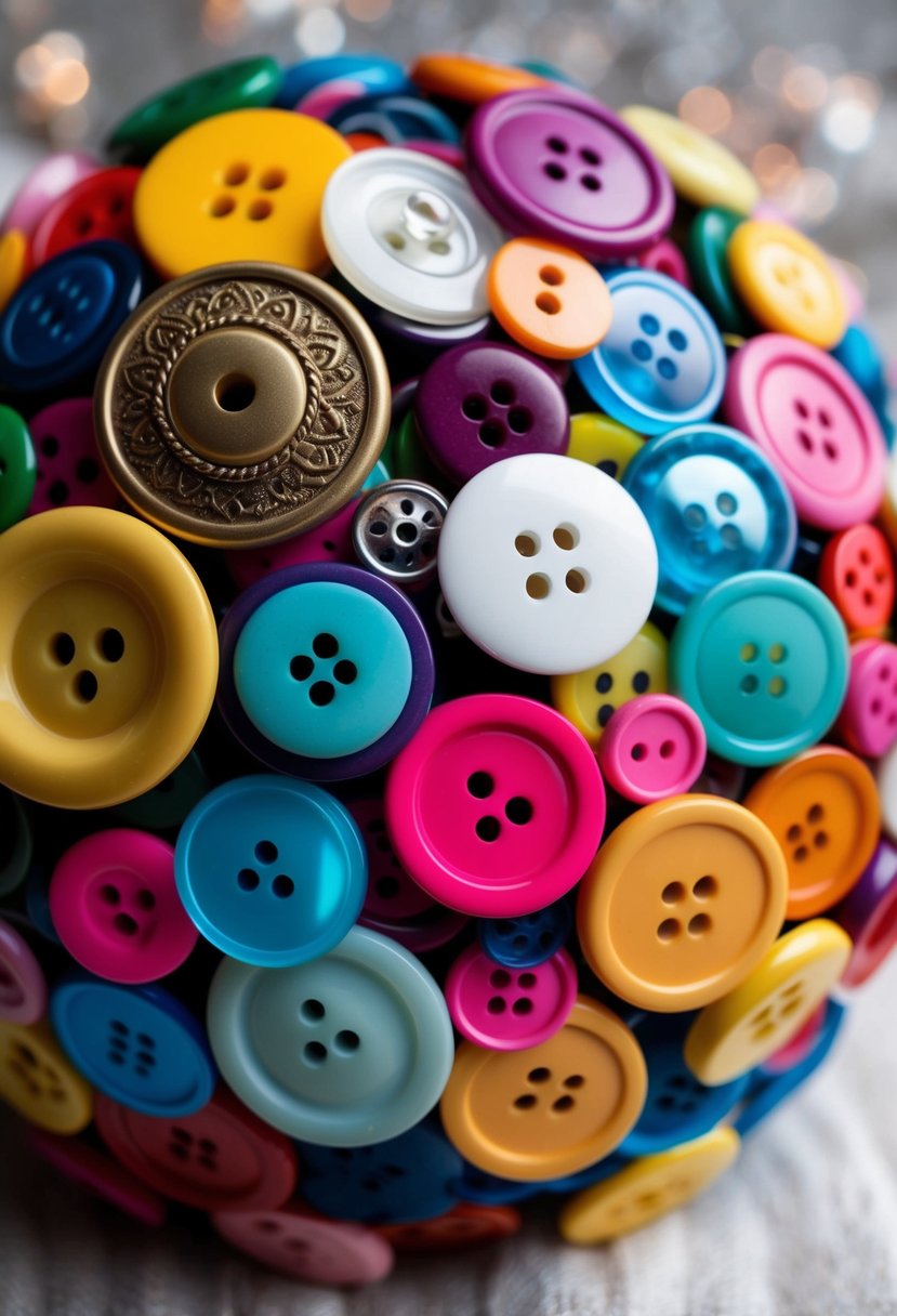 A colorful assortment of buttons arranged in a bouquet-like fashion, with various sizes and shapes creating a whimsical and unique wedding bouquet