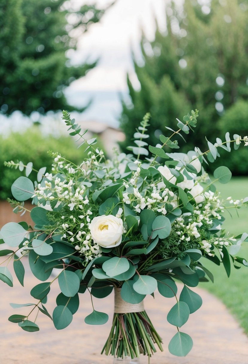 A vibrant eucalyptus bouquet with cascading greenery and delicate white blooms