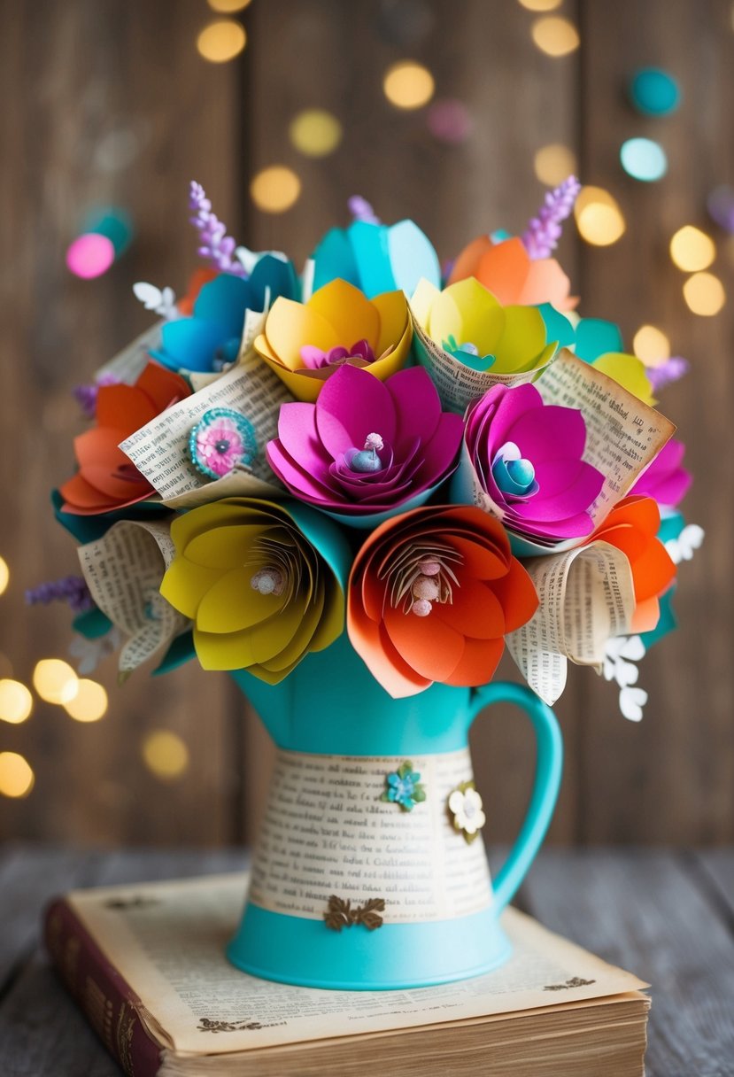 A whimsical bouquet of paper flowers in vibrant colors, accented with vintage book pages and quirky embellishments