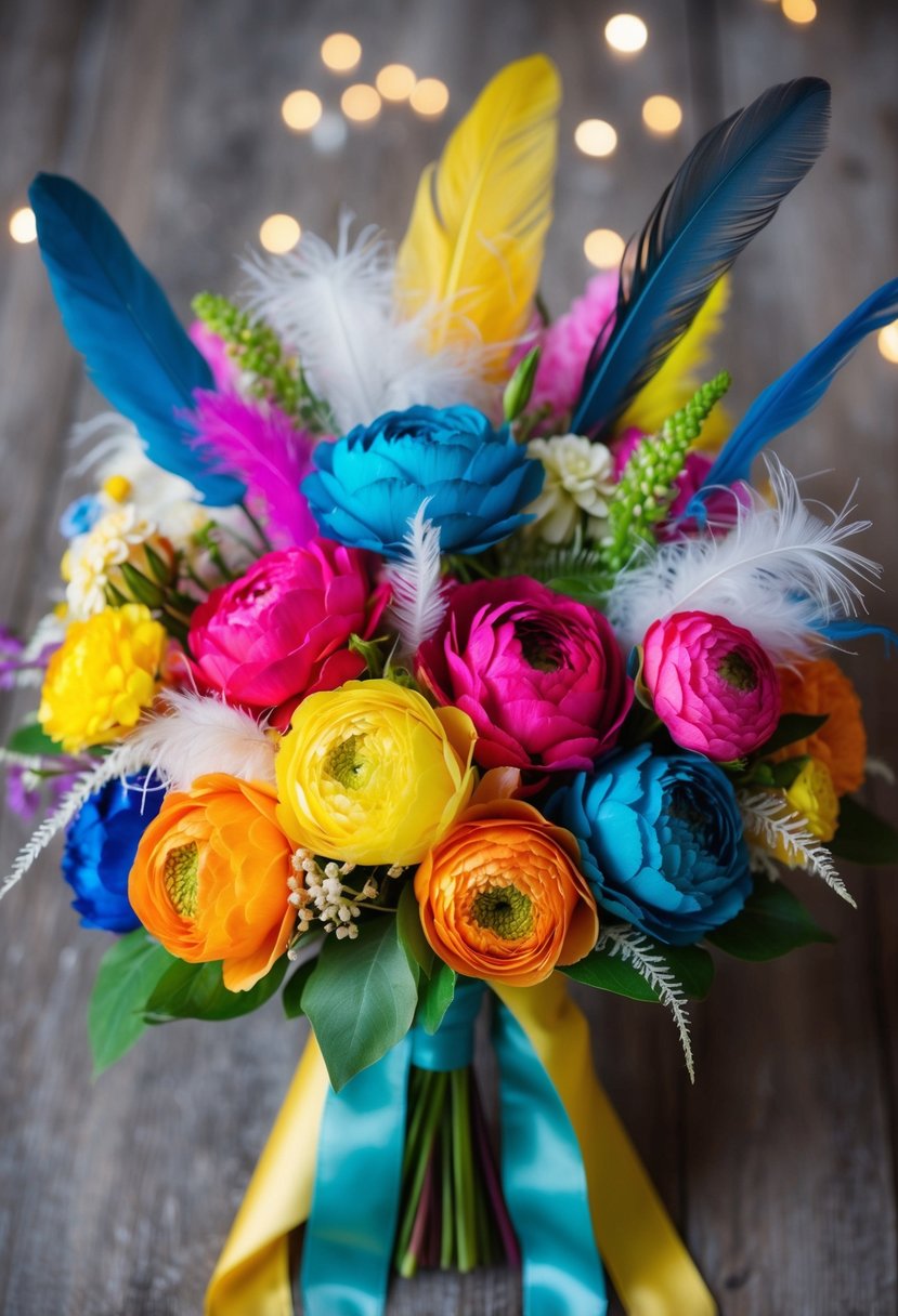 A playful arrangement of silk flowers in vibrant colors, accented with whimsical details like feathers and ribbons, creating a unique and quirky wedding bouquet